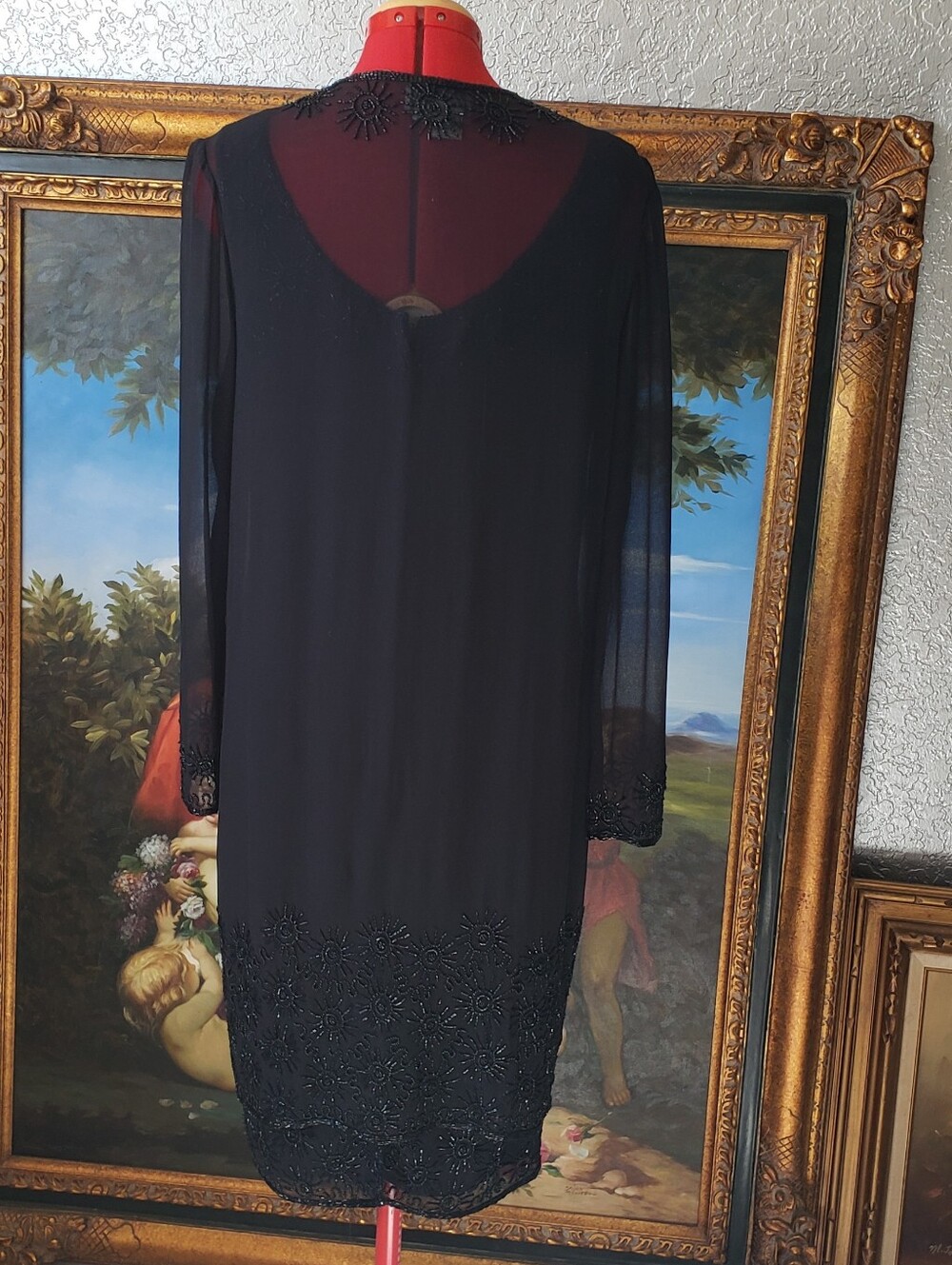 J Kara 2 Piece Black Beaded Sheer Overlay Long Sleeve Dress - Picture 5 of 5